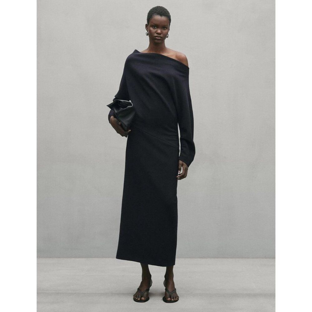 Massimo Dutti Studio Women Midi Dress XS Navy blue Off Shoulder 9219/952 NWT